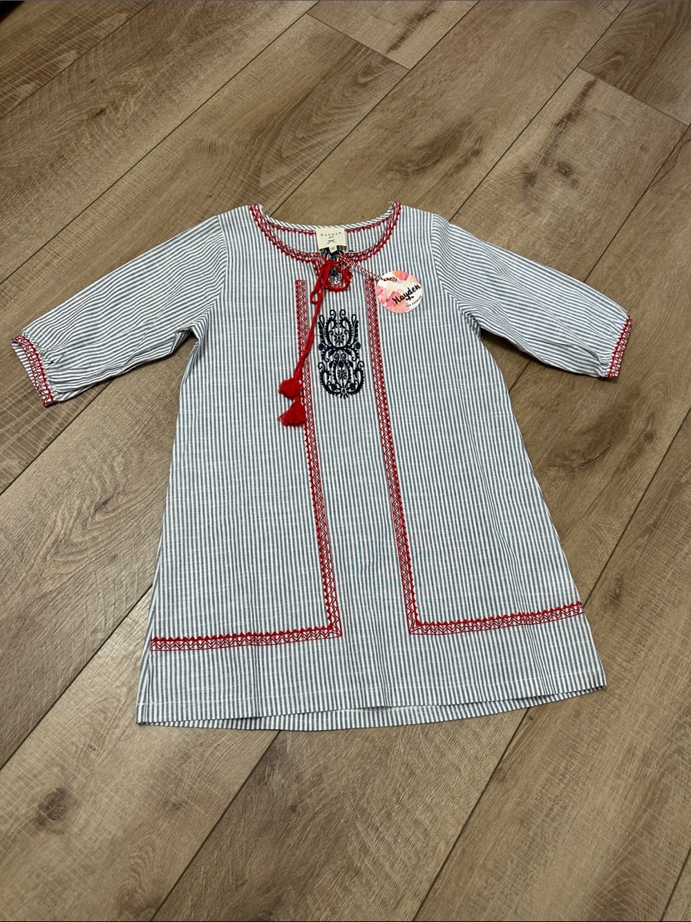 Hayden Los Angeles Blue & White Striped Kids Dress with Red Trim NWT with flaw